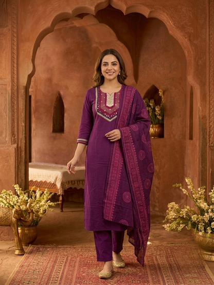 Purple & Gold Embellished Kurta and Pant & Dupatta