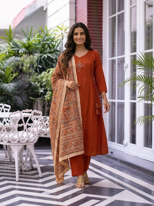 Rust Cotton Angrakha A-Line Kurta Set with Palazzo & Dupatta