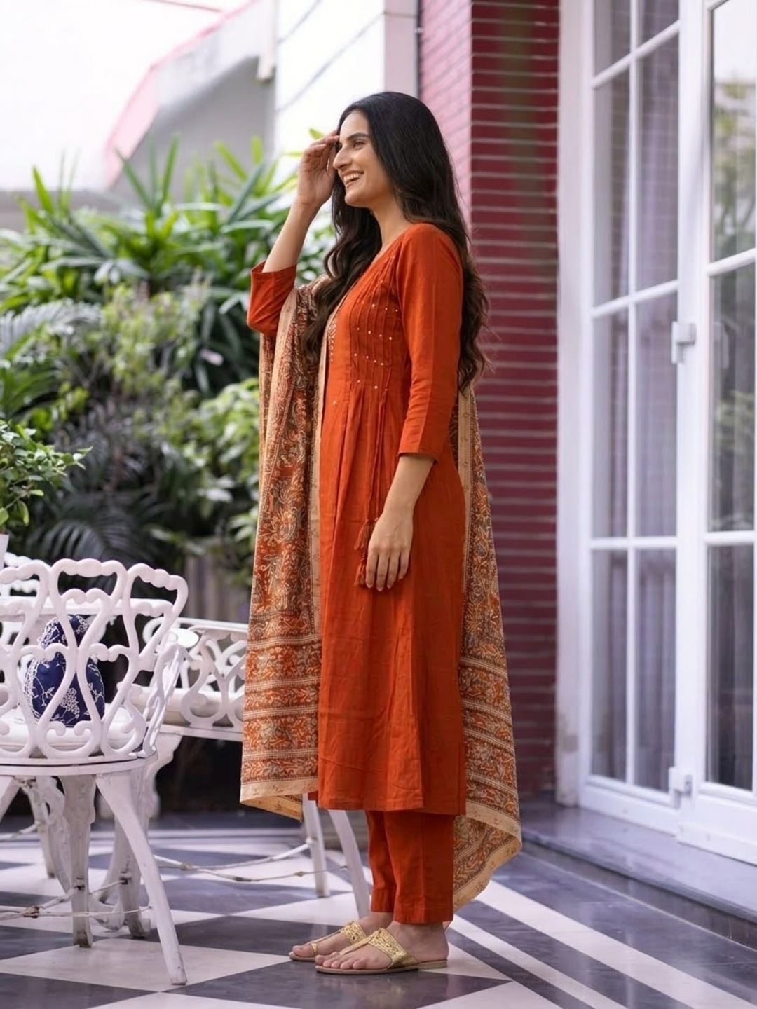 Rust Cotton Angrakha A-Line Kurta Set with Palazzo & Dupatta