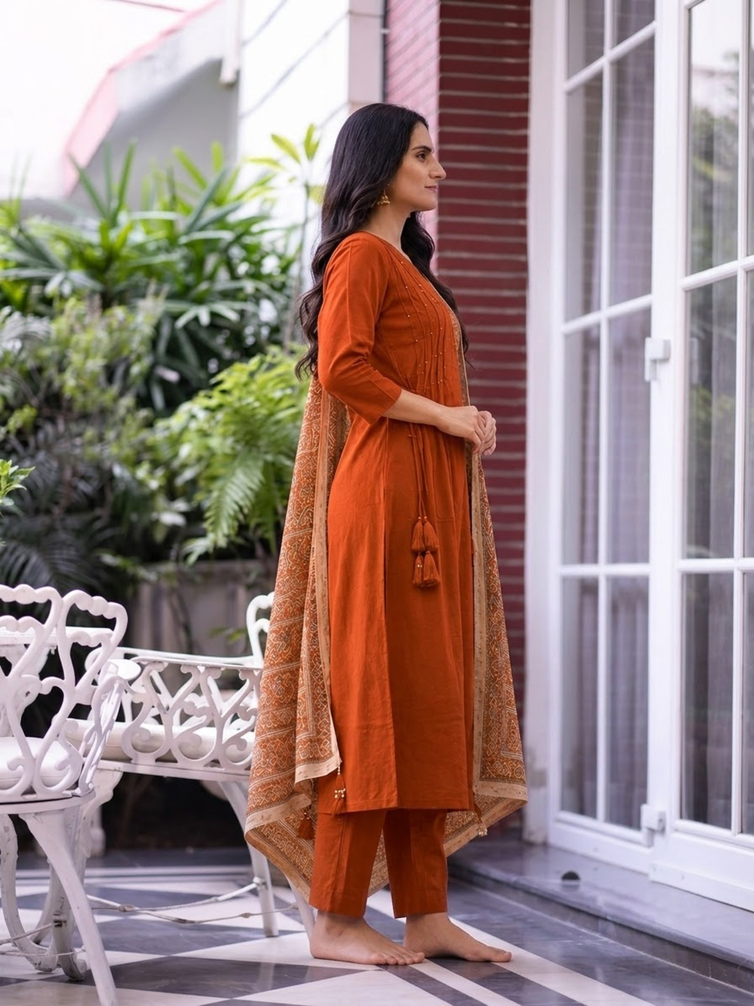 Rust Cotton Angrakha A-Line Kurta Set with Palazzo & Dupatta