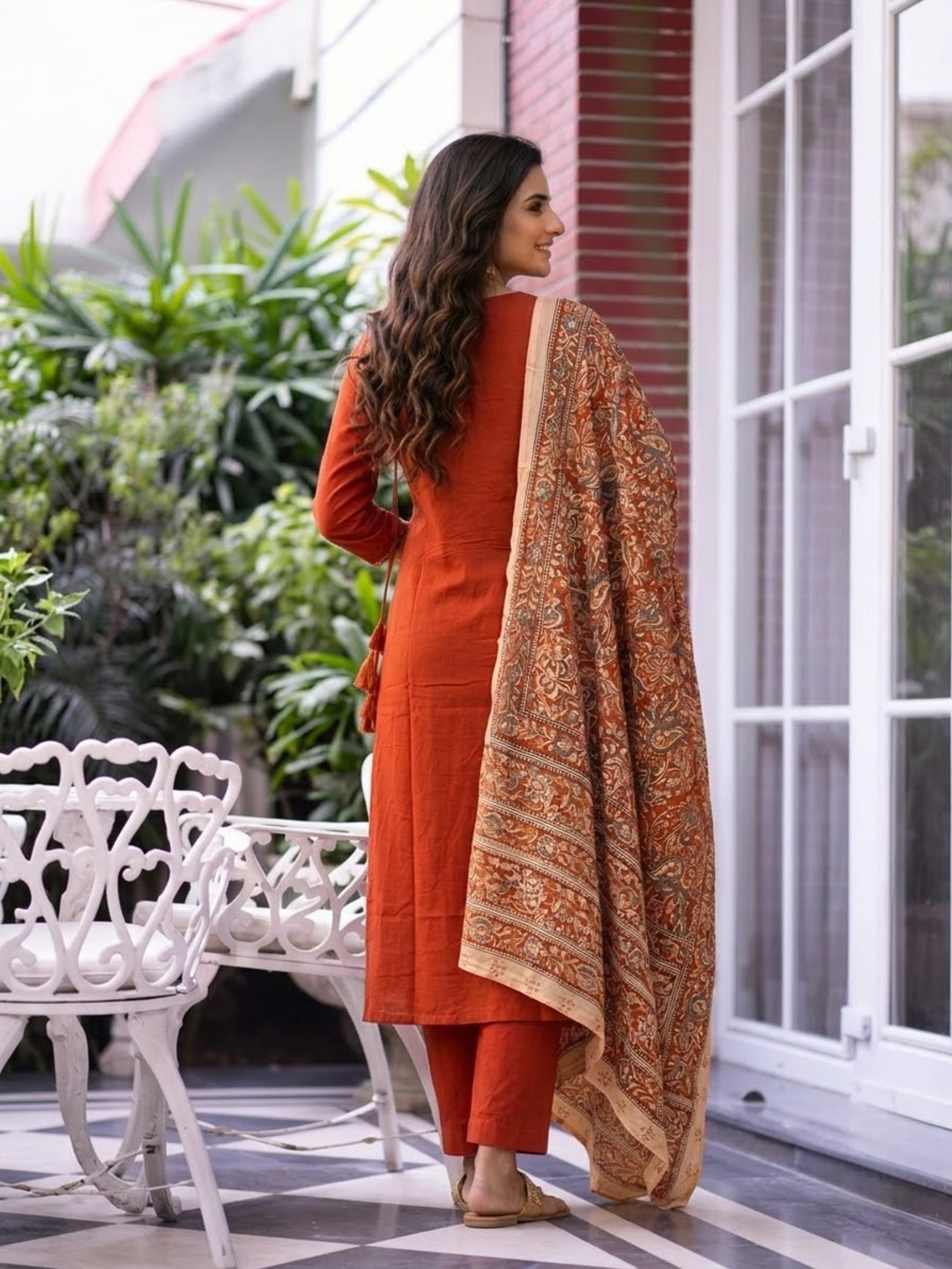 Rust Cotton Angrakha A-Line Kurta Set with Palazzo & Dupatta