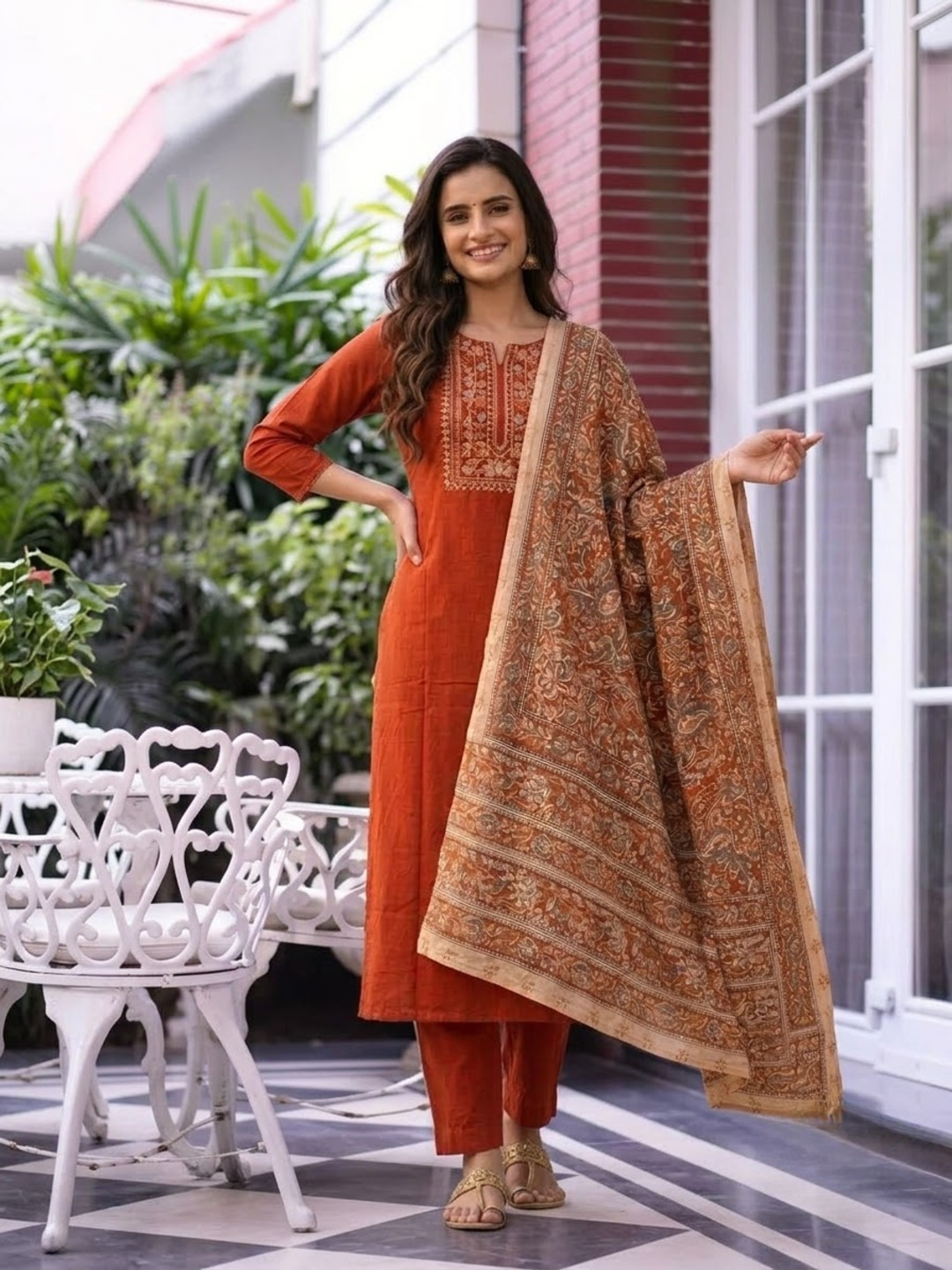 Rust Cotton Angrakha A-Line Kurta Set with Palazzo & Dupatta