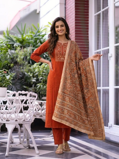 Rust Cotton Angrakha A-Line Kurta Set with Palazzo & Dupatta