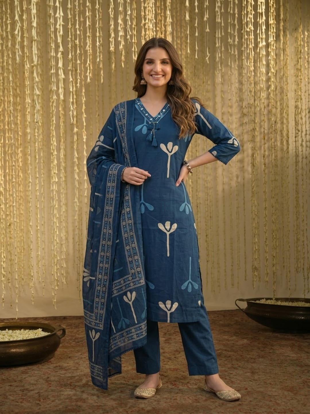 Navy Blue Cotton Abstract Print Kurta Set with Palazzo & Dupatta