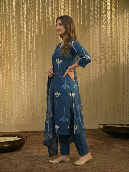 Navy Blue Cotton Abstract Print Kurta Set with Palazzo & Dupatta