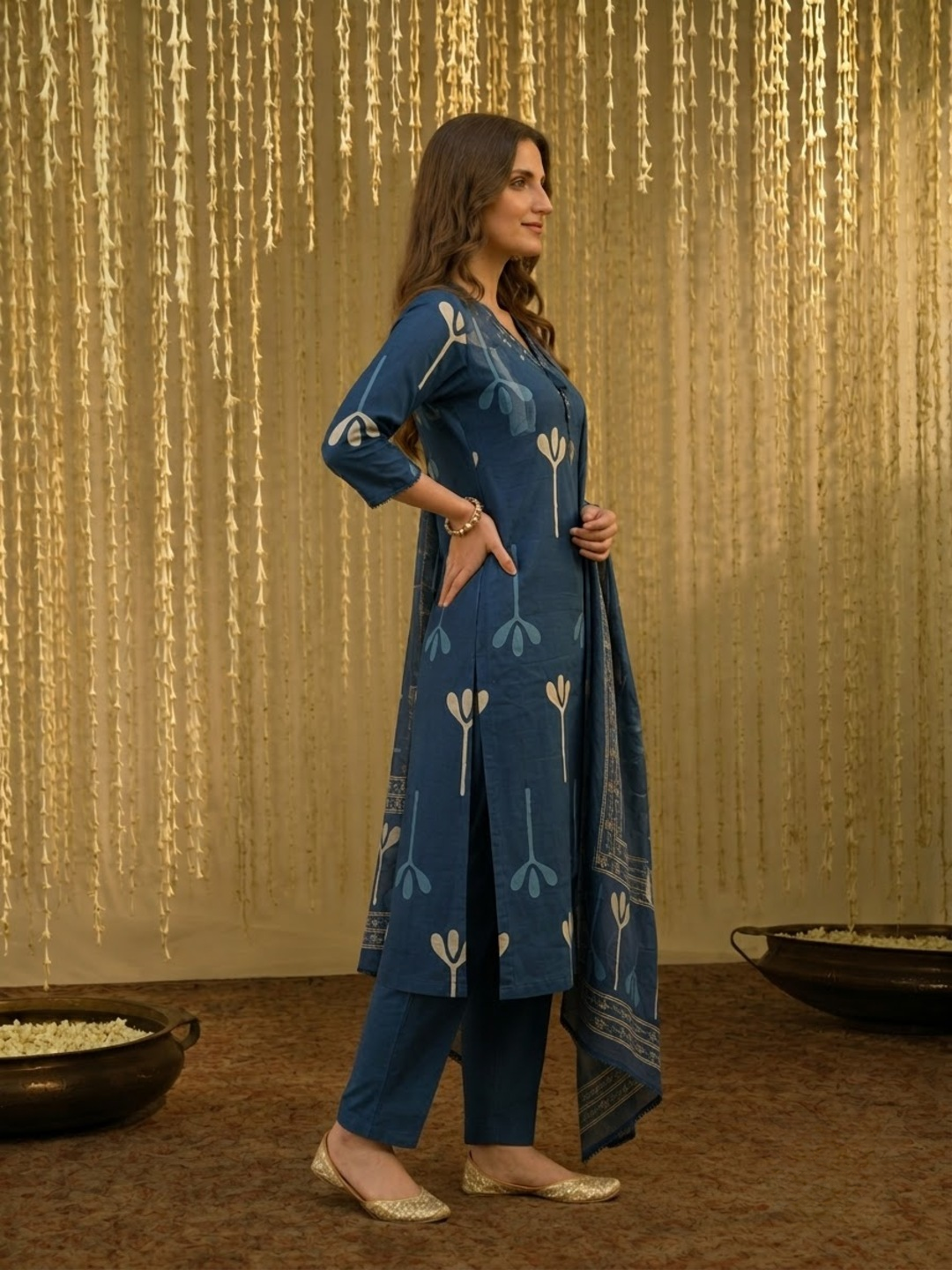 Navy Blue Cotton Abstract Print Kurta Set with Palazzo & Dupatta