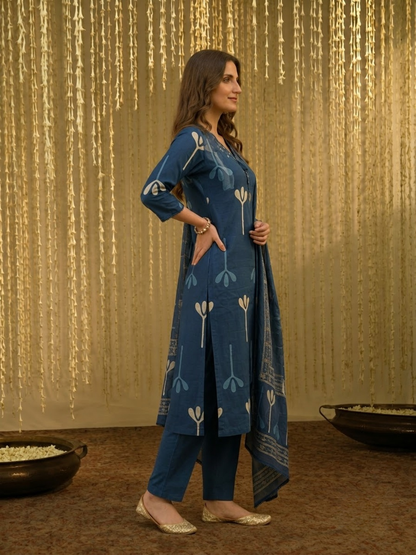 Navy Blue Cotton Abstract Print Kurta Set with Palazzo & Dupatta