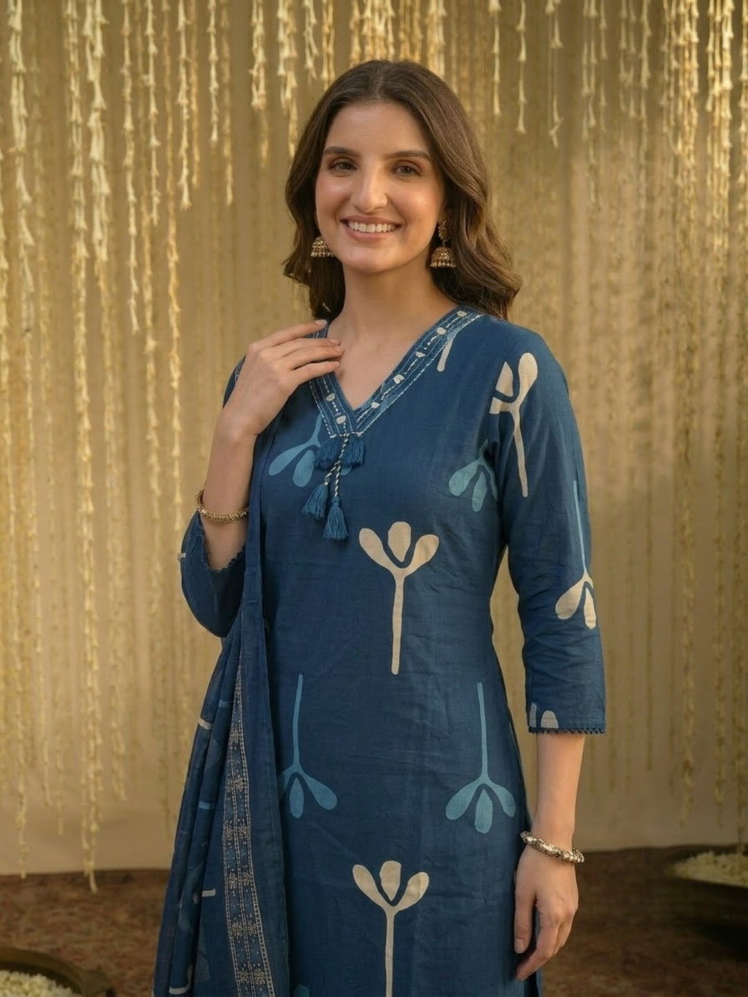 Navy Blue Cotton Abstract Print Kurta Set with Palazzo & Dupatta