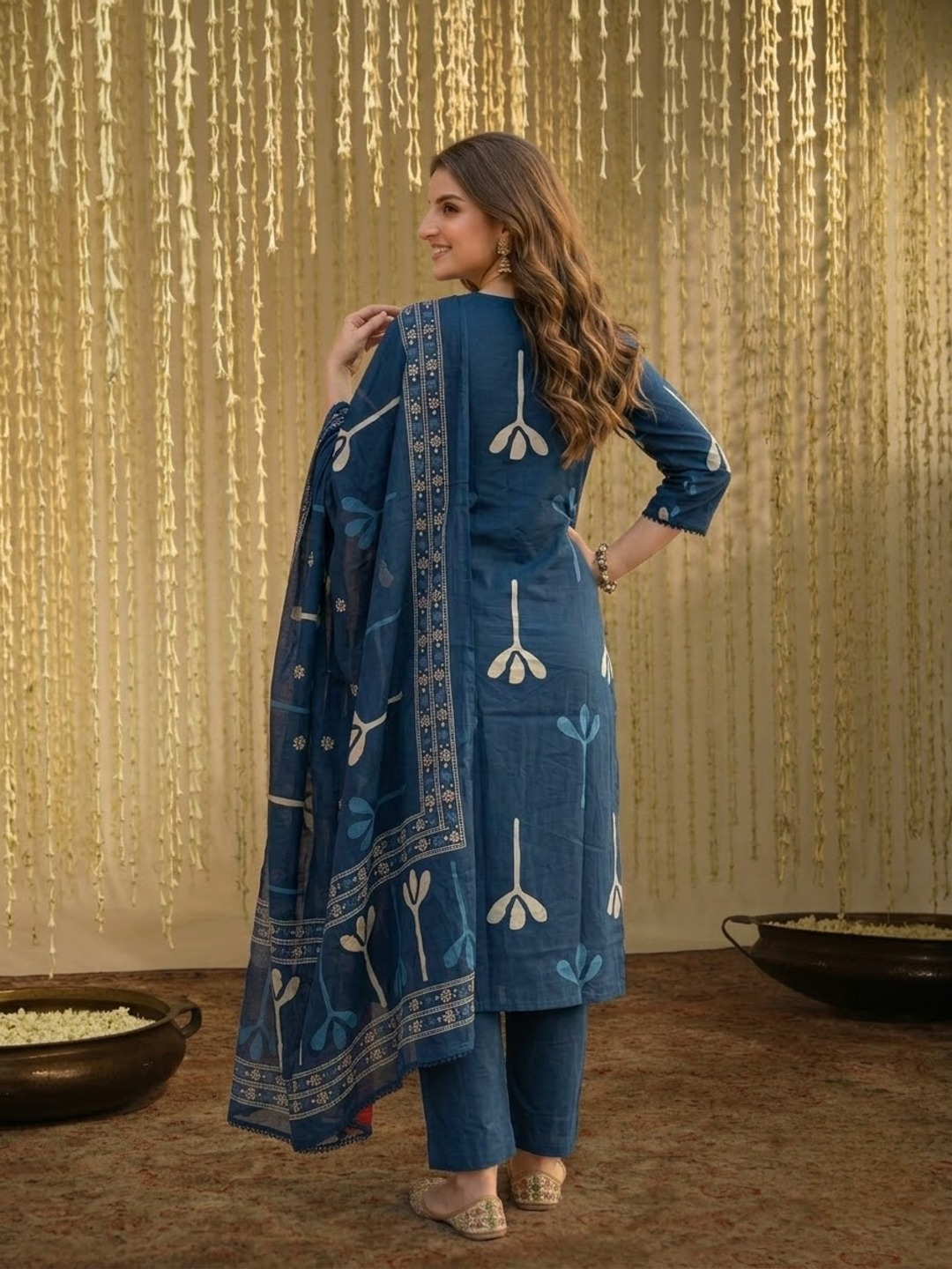 Navy Blue Cotton Abstract Print Kurta Set with Palazzo & Dupatta