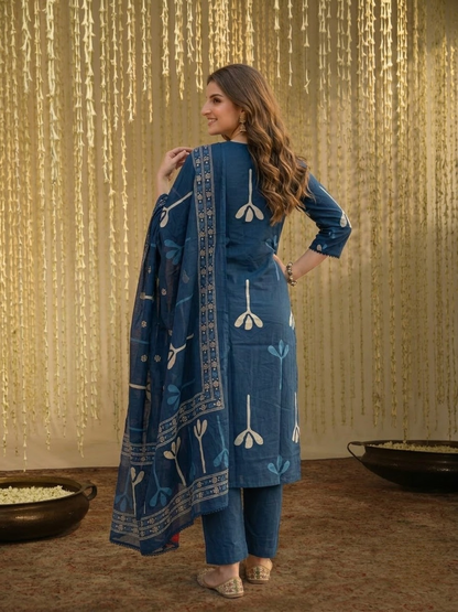 Navy Blue Cotton Abstract Print Kurta Set with Palazzo & Dupatta