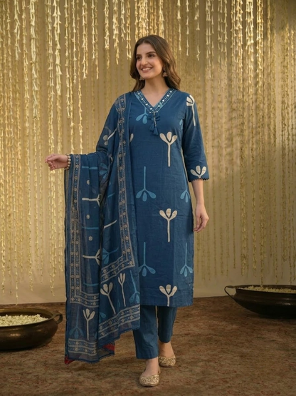Navy Blue Cotton Abstract Print Kurta Set with Palazzo & Dupatta