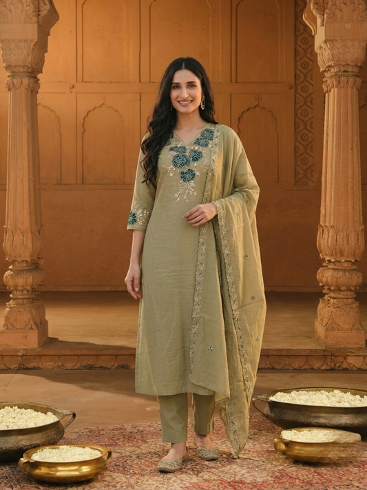 Olive Floral Appliqué Embroidered 3-Piece Kurta Set