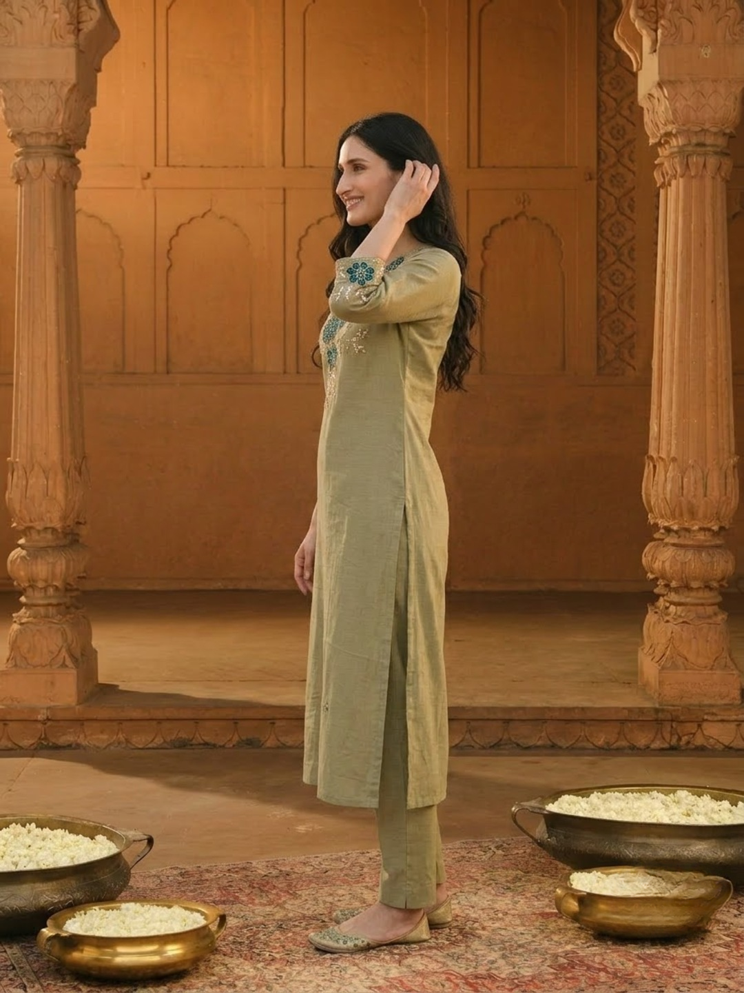 Olive Floral Appliqué Embroidered 3-Piece Kurta Set