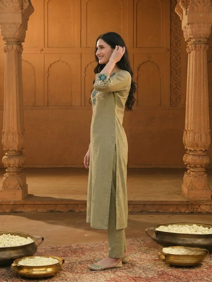 Olive Floral Appliqué Embroidered 3-Piece Kurta Set