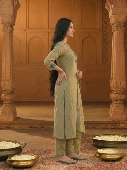 Olive Floral Appliqué Embroidered 3-Piece Kurta Set
