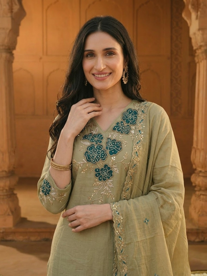 Olive Floral Appliqué Embroidered 3-Piece Kurta Set
