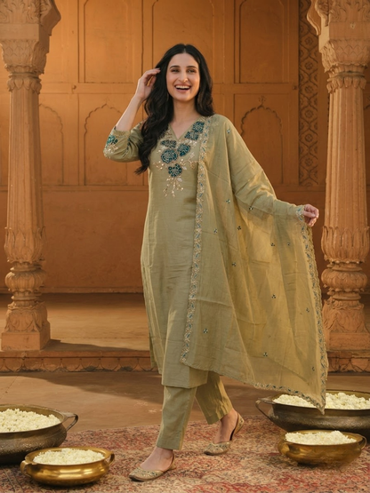 Olive Floral Appliqué Embroidered 3-Piece Kurta Set