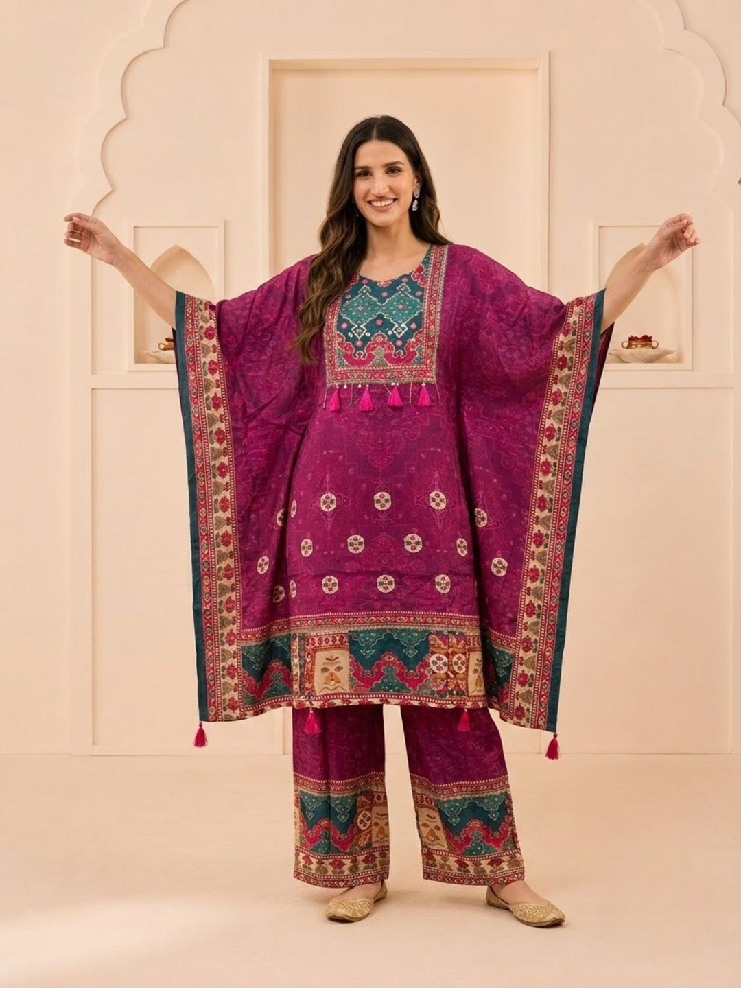 Purple Ethnic Print Muslin Silk Kaftan Co-ord Set with Cutdana Embroidery & Palazzo