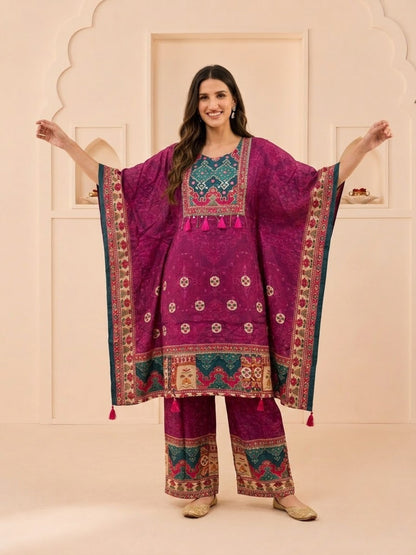 Purple Ethnic Print Muslin Silk Kaftan Co-ord Set with Cutdana Embroidery & Palazzo