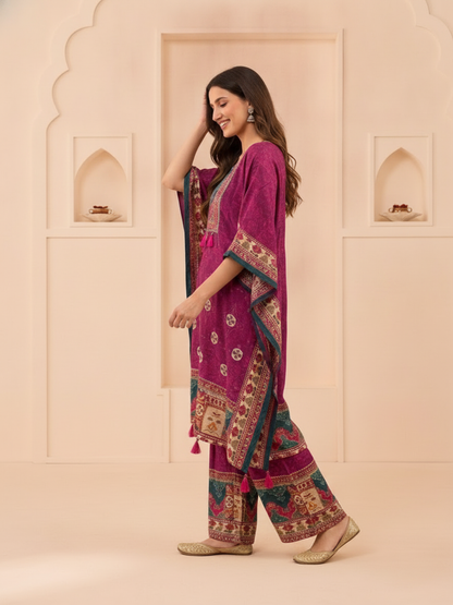 Purple Ethnic Print Muslin Silk Kaftan Co-ord Set with Cutdana Embroidery & Palazzo