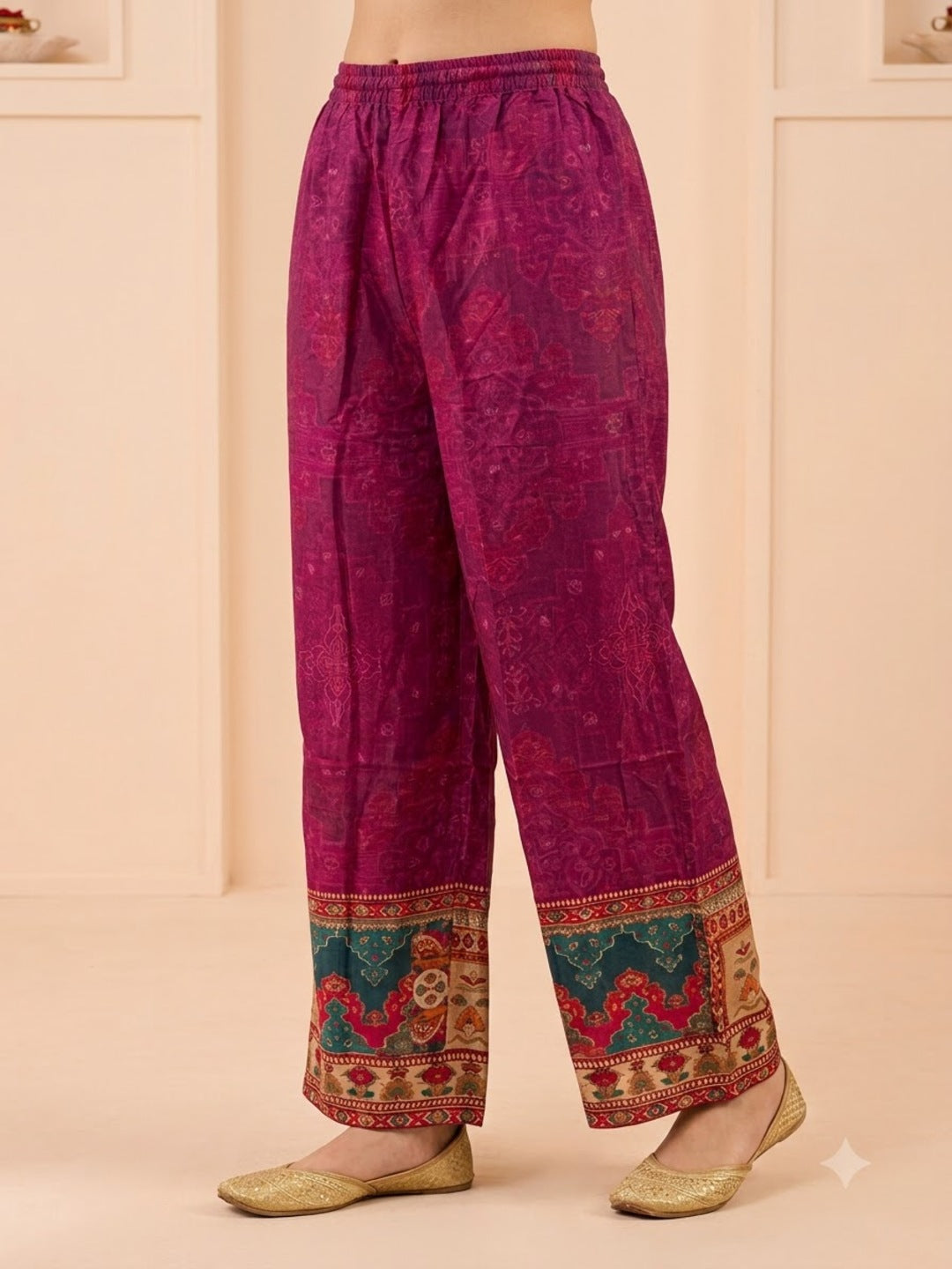 Purple Ethnic Print Muslin Silk Kaftan Co-ord Set with Cutdana Embroidery & Palazzo