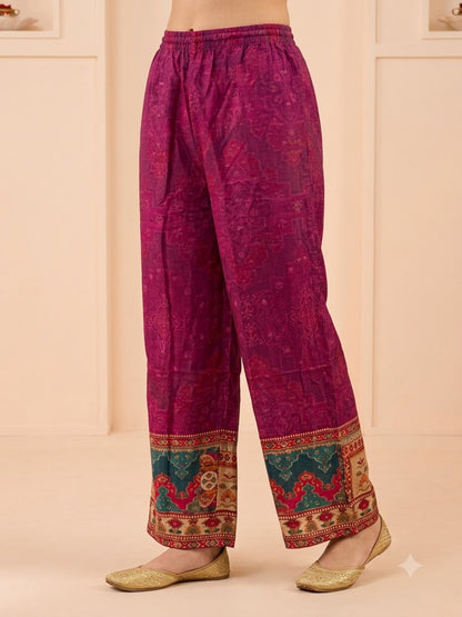 Purple Ethnic Print Muslin Silk Kaftan Co-ord Set with Cutdana Embroidery & Palazzo