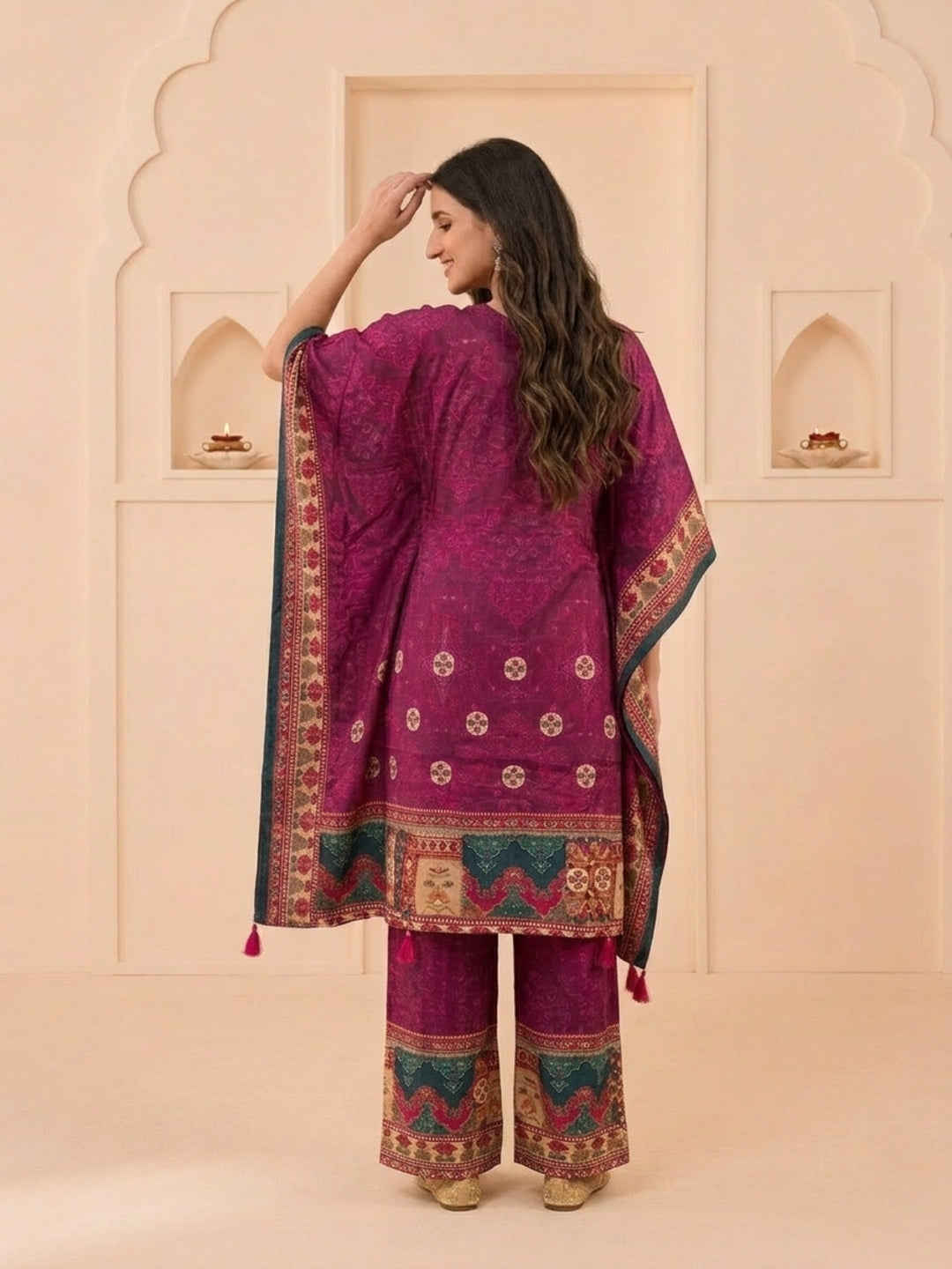 Purple Ethnic Print Muslin Silk Kaftan Co-ord Set with Cutdana Embroidery & Palazzo