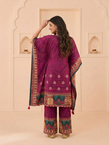 Purple Ethnic Print Muslin Silk Kaftan Co-ord Set with Cutdana Embroidery & Palazzo