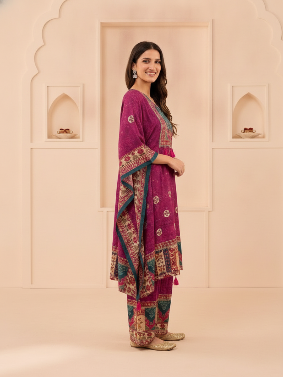 Purple Ethnic Print Muslin Silk Kaftan Co-ord Set with Cutdana Embroidery & Palazzo