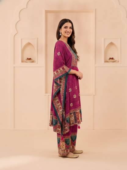 Purple Ethnic Print Muslin Silk Kaftan Co-ord Set with Cutdana Embroidery & Palazzo