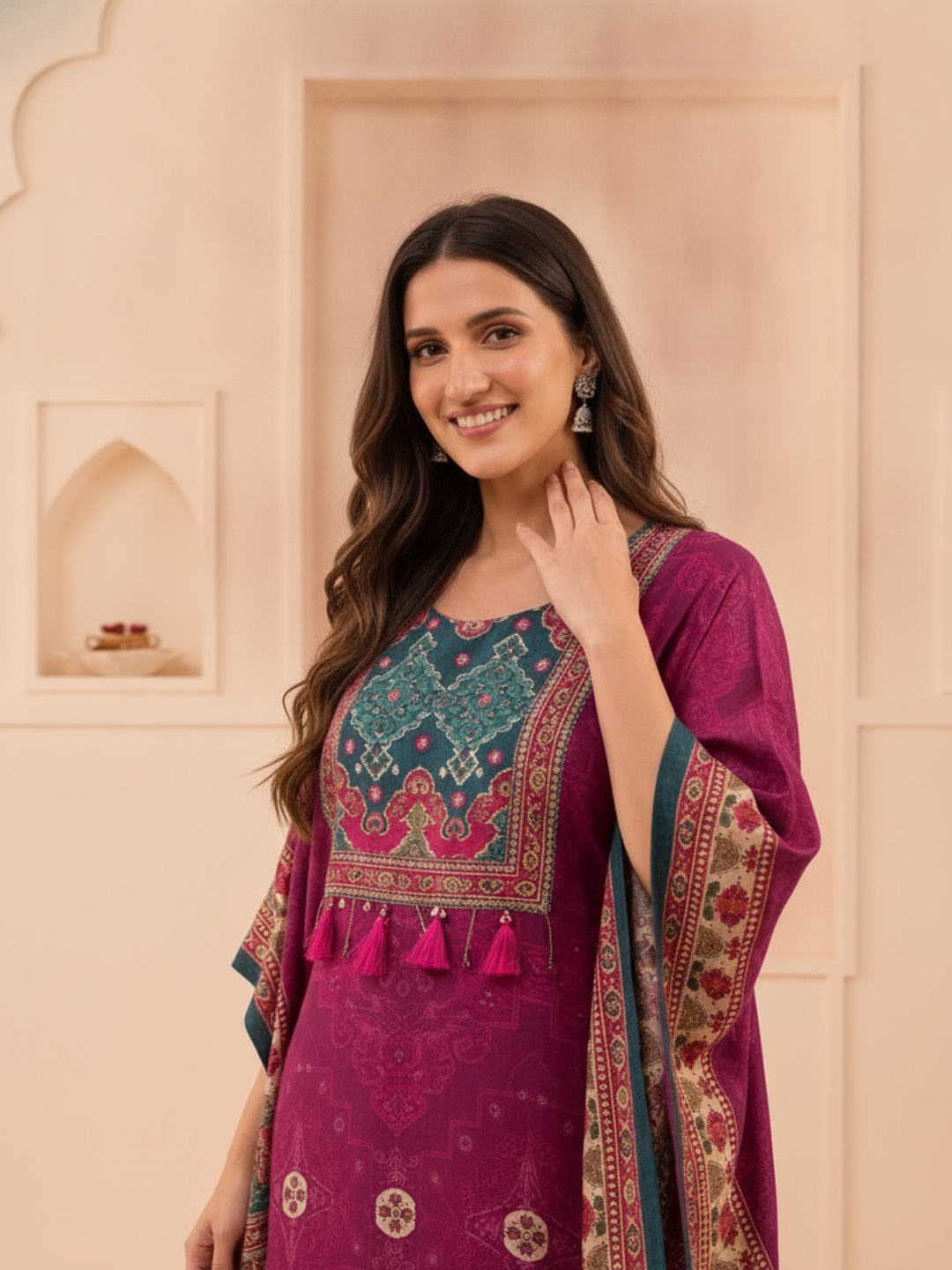 Purple Ethnic Print Muslin Silk Kaftan Co-ord Set with Cutdana Embroidery & Palazzo