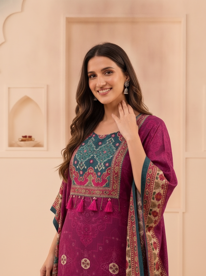Purple Ethnic Print Muslin Silk Kaftan Co-ord Set with Cutdana Embroidery & Palazzo