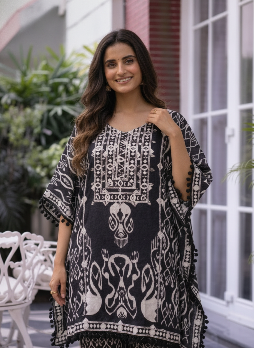 Black Ethnic Print Viscose Rayon Kaftan Co-ord Set with Mirror & Bead Work, Palazzo