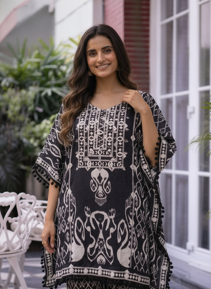 Black Ethnic Print Viscose Rayon Kaftan Co-ord Set with Mirror & Bead Work, Palazzo