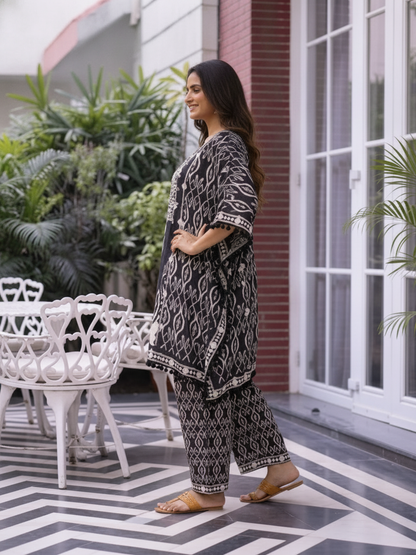 Black Ethnic Print Viscose Rayon Kaftan Co-ord Set with Mirror & Bead Work, Palazzo