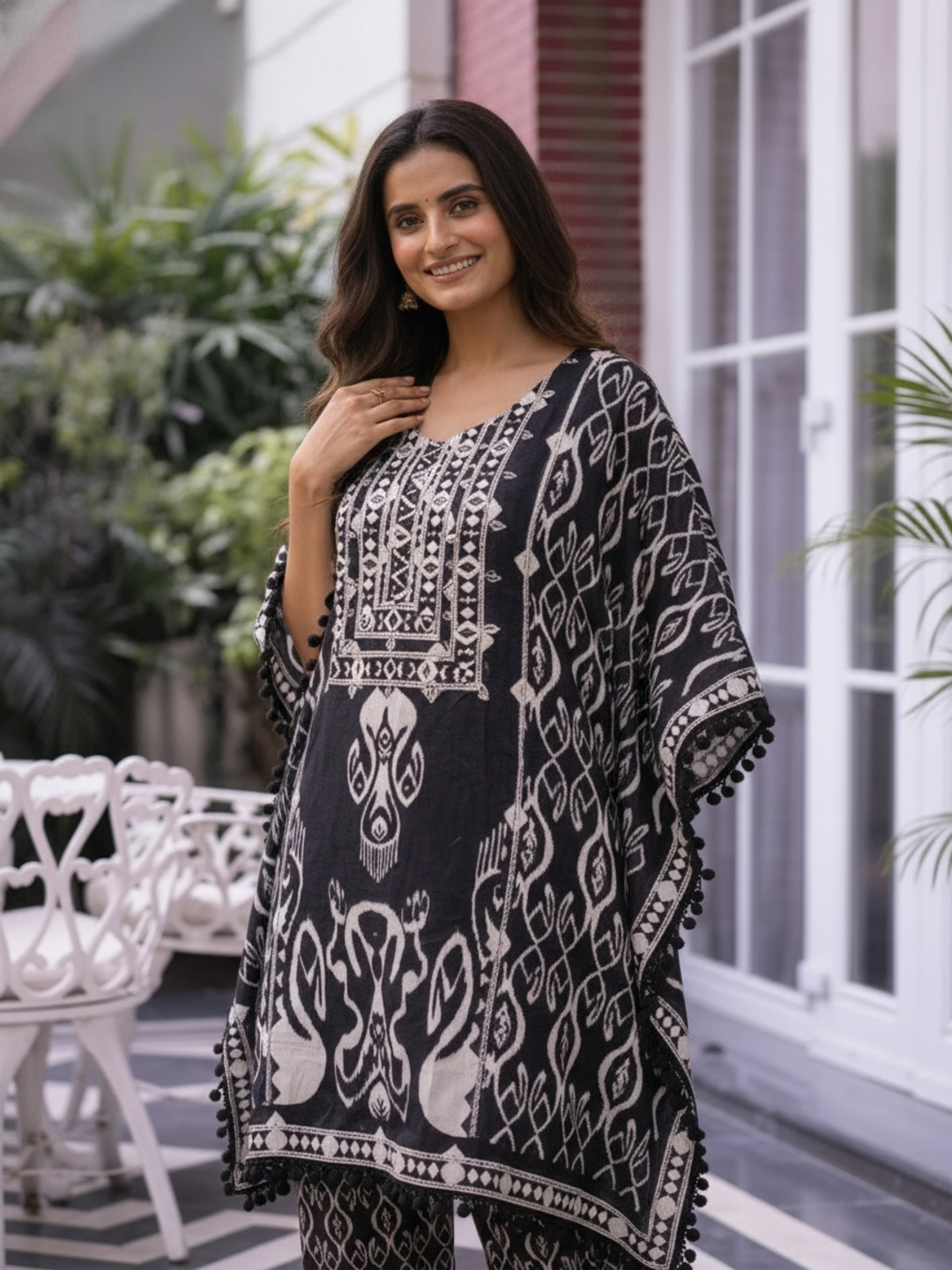 Black Ethnic Print Viscose Rayon Kaftan Co-ord Set with Mirror & Bead Work, Palazzo
