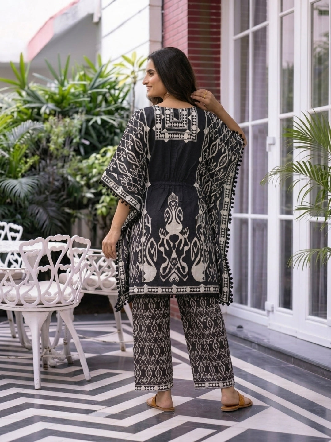 Black Ethnic Print Viscose Rayon Kaftan Co-ord Set with Mirror & Bead Work, Palazzo