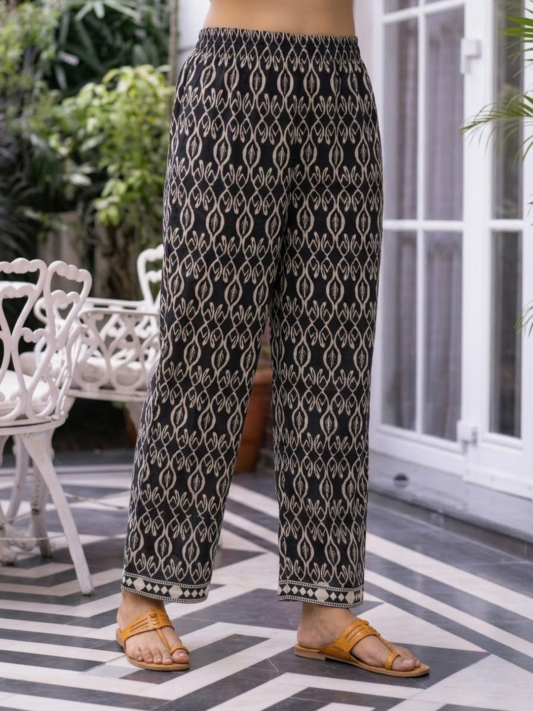 Black Ethnic Print Viscose Rayon Kaftan Co-ord Set with Mirror & Bead Work, Palazzo