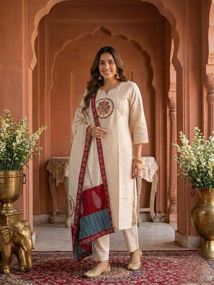 Cream Solid Silk Straight Kurta Set with Threadwork Embroidery, Pant & Dupatta