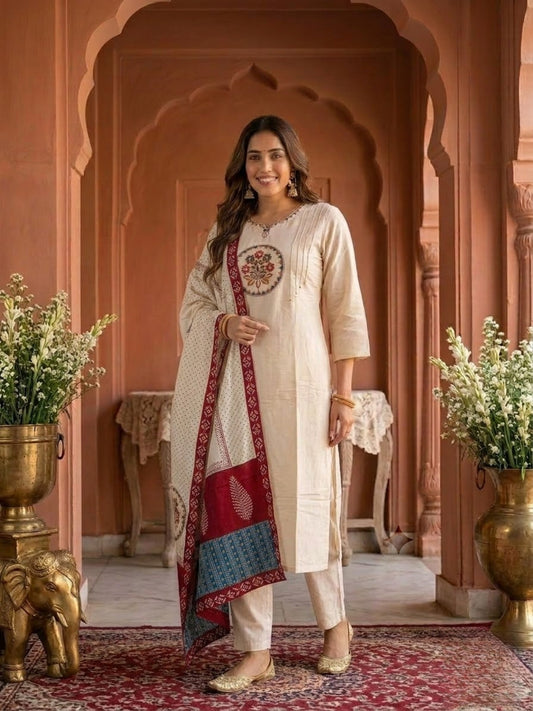 Cream Solid Silk Straight Kurta Set with Threadwork Embroidery, Pant & Dupatta