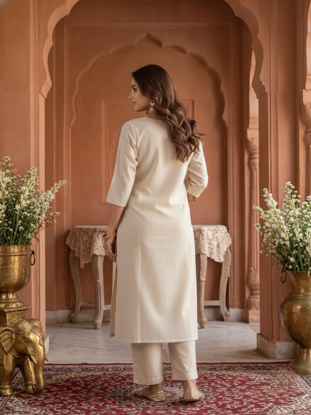 Cream Solid Silk Straight Kurta Set with Threadwork Embroidery, Pant & Dupatta