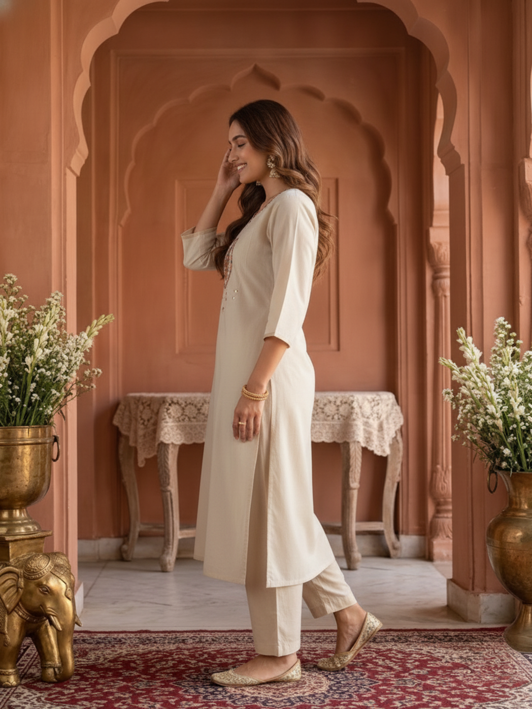 Cream Solid Silk Straight Kurta Set with Threadwork Embroidery, Pant & Dupatta