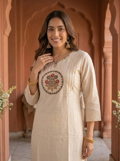 Cream Solid Silk Straight Kurta Set with Threadwork Embroidery, Pant & Dupatta