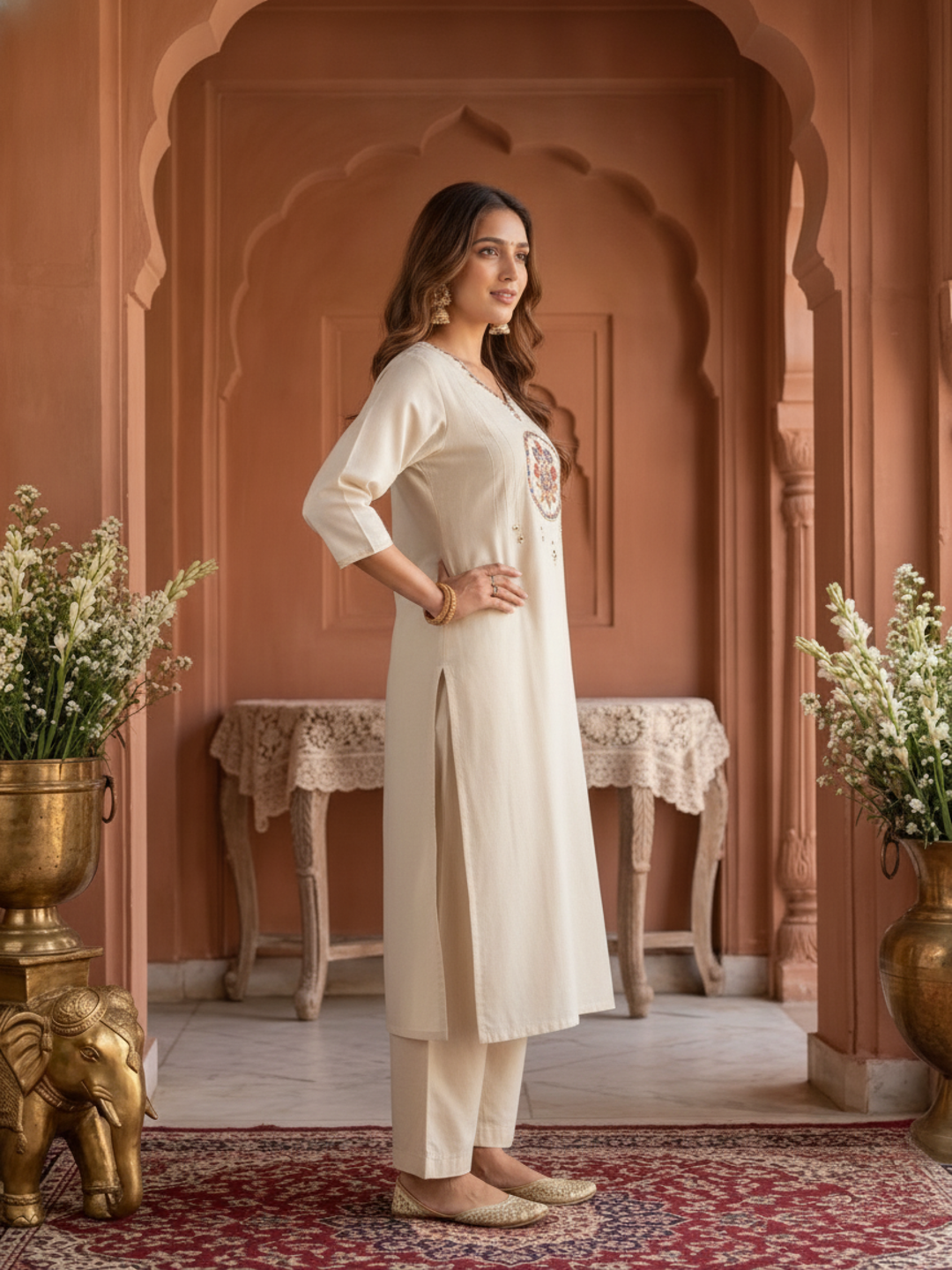 Cream Solid Silk Straight Kurta Set with Threadwork Embroidery, Pant & Dupatta