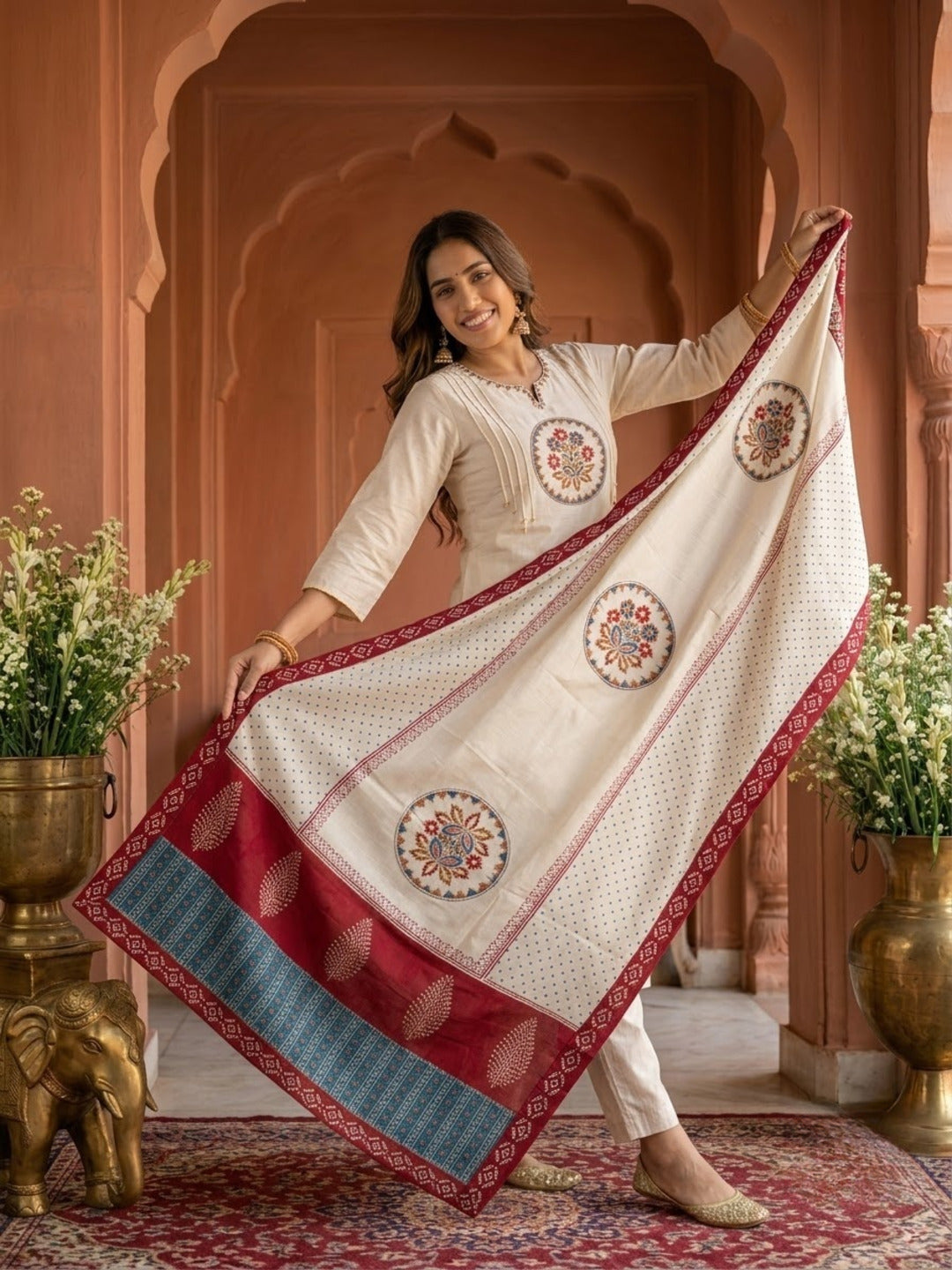 Cream Solid Silk Straight Kurta Set with Threadwork Embroidery, Pant & Dupatta