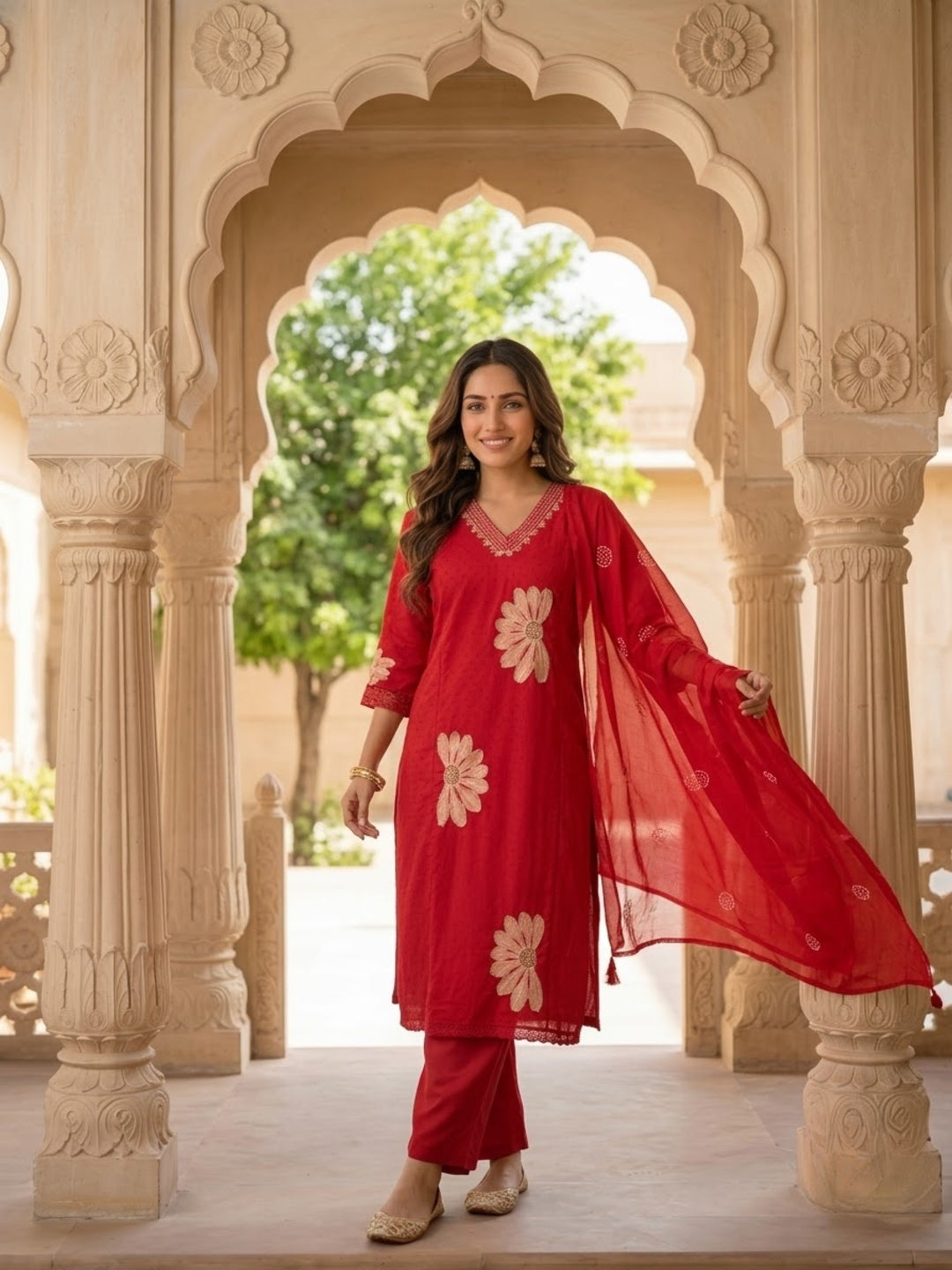 Red Solid Cotton Dobby A-Line Kurta Set with Floral Embroidery, Crochet Palazzo & Dupatta