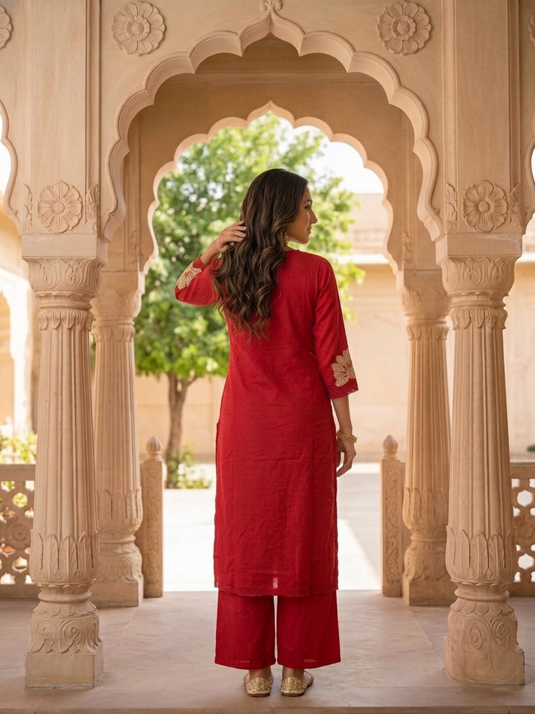 Red Solid Cotton Dobby A-Line Kurta Set with Floral Embroidery, Crochet Palazzo & Dupatta