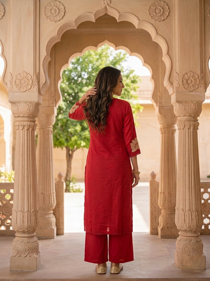 Red Solid Cotton Dobby A-Line Kurta Set with Floral Embroidery, Crochet Palazzo & Dupatta