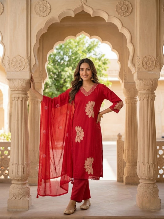 Red Solid Cotton Dobby A-Line Kurta Set with Floral Embroidery, Crochet Palazzo & Dupatta