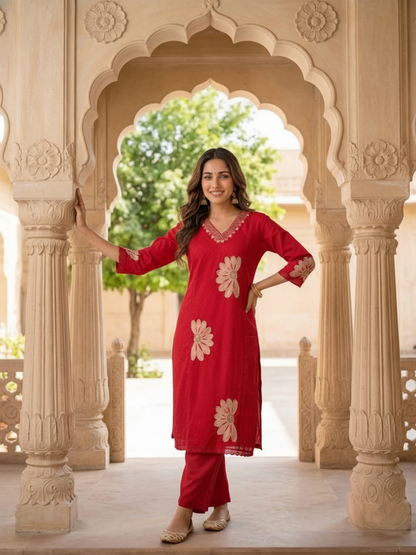 Red Solid Cotton Dobby A-Line Kurta Set with Floral Embroidery, Crochet Palazzo & Dupatta